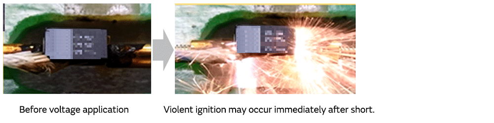 Image of Tantalum capacitors. Before voltage application. Violent ignition may occur immediately after short.